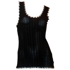 Chanel Black Knitted Sleeveless Top w/ Ruffled Sheer Mesh & Black Trim - 42