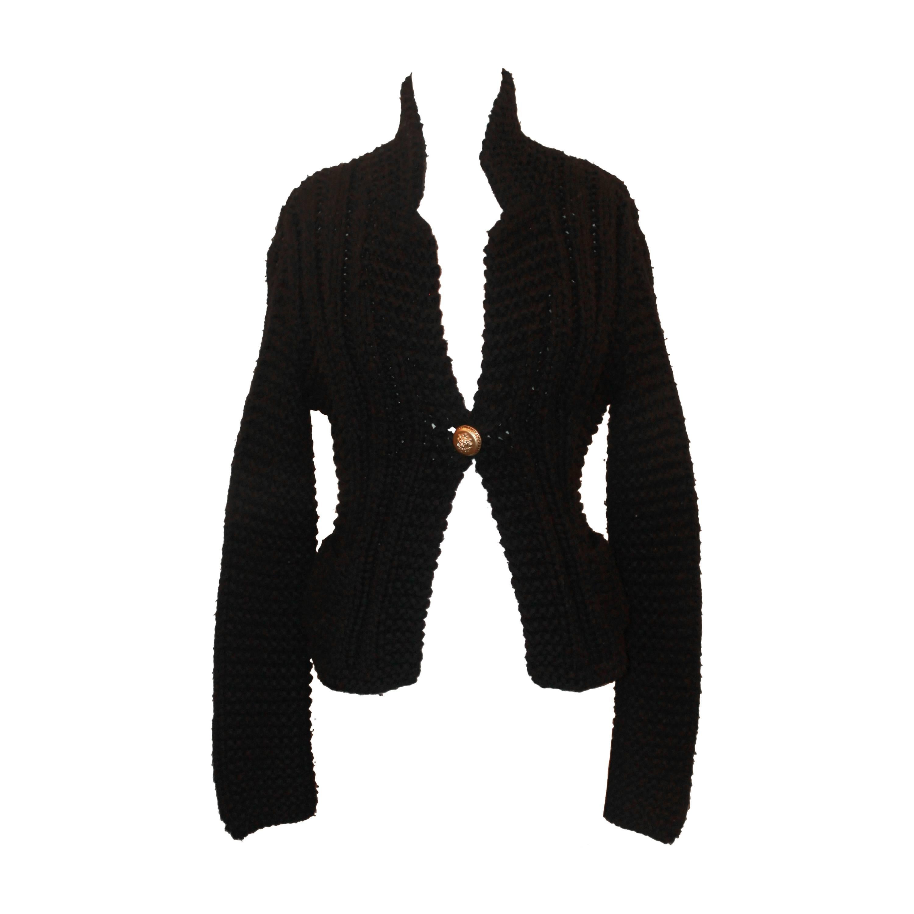 Chanel Black Heavy Knit Sweater with Front Gold Lion Button - 42