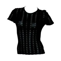 Chanel Black Cotton Short Sleeve Knitted Top w/ "CC" Perforated Knit Stripes -42