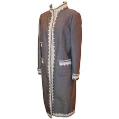 Oscar de la Renta Navy & White Wool Open Front Full Length Coat w/ Lace Trim - 8