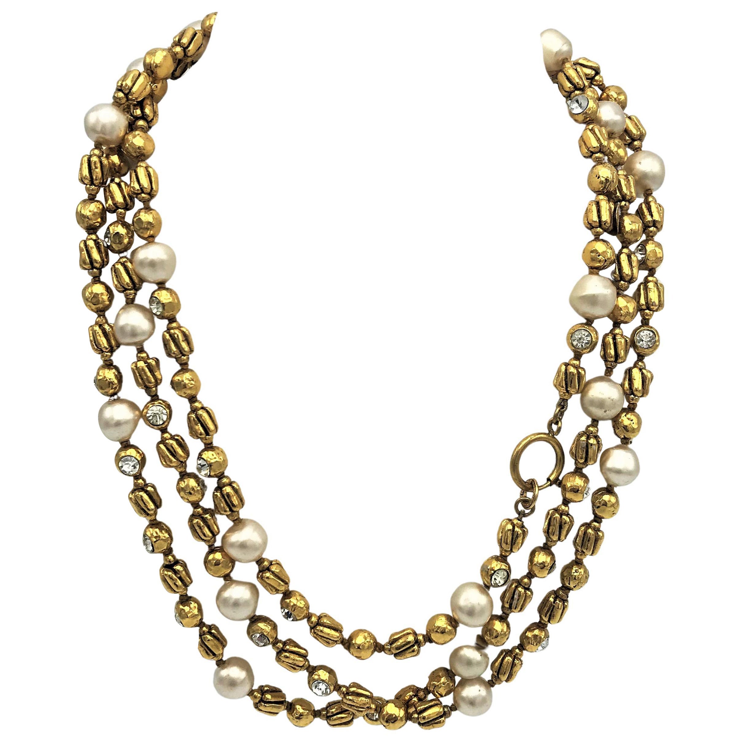 Chanel necklace by R. Goossens with pearls, 183 cm lang gold plated, 1970/80s  For Sale
