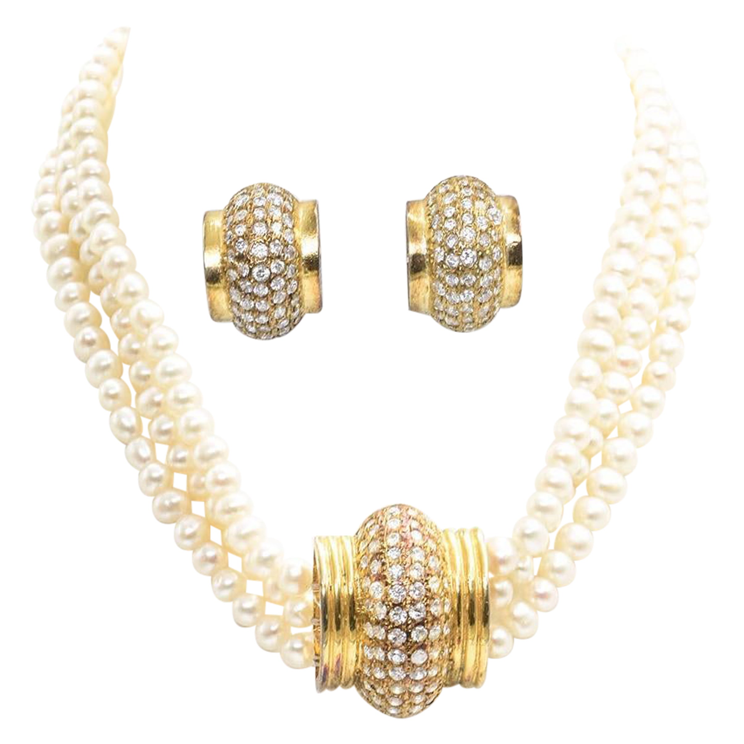 Triple Strand Pearl Rhinestone Gilt Gold Choker Collar Necklace and Earrings Set For Sale