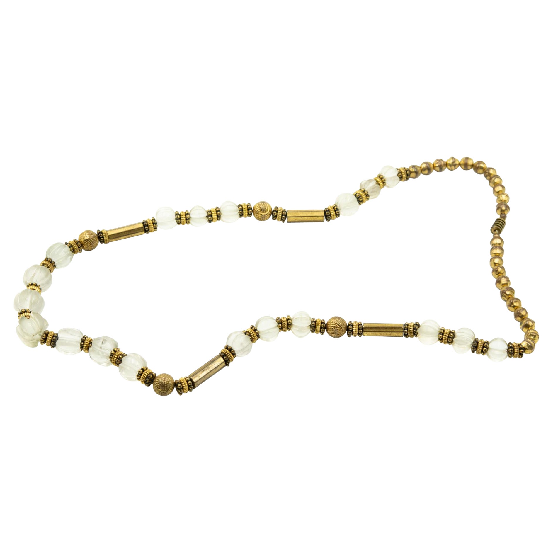 Long Bohemian Gilt Metal Carved Crystal Bead Necklace  For Sale