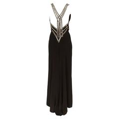 Vintage Bob Mackie Black Silk Trained Evening Gown Dress w/Open Back & Deco Beaded Trim