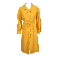 1970s Ungaro Yellow Wool Space Age Coat w/Belt & Oversized Yellow Enamel Buttons