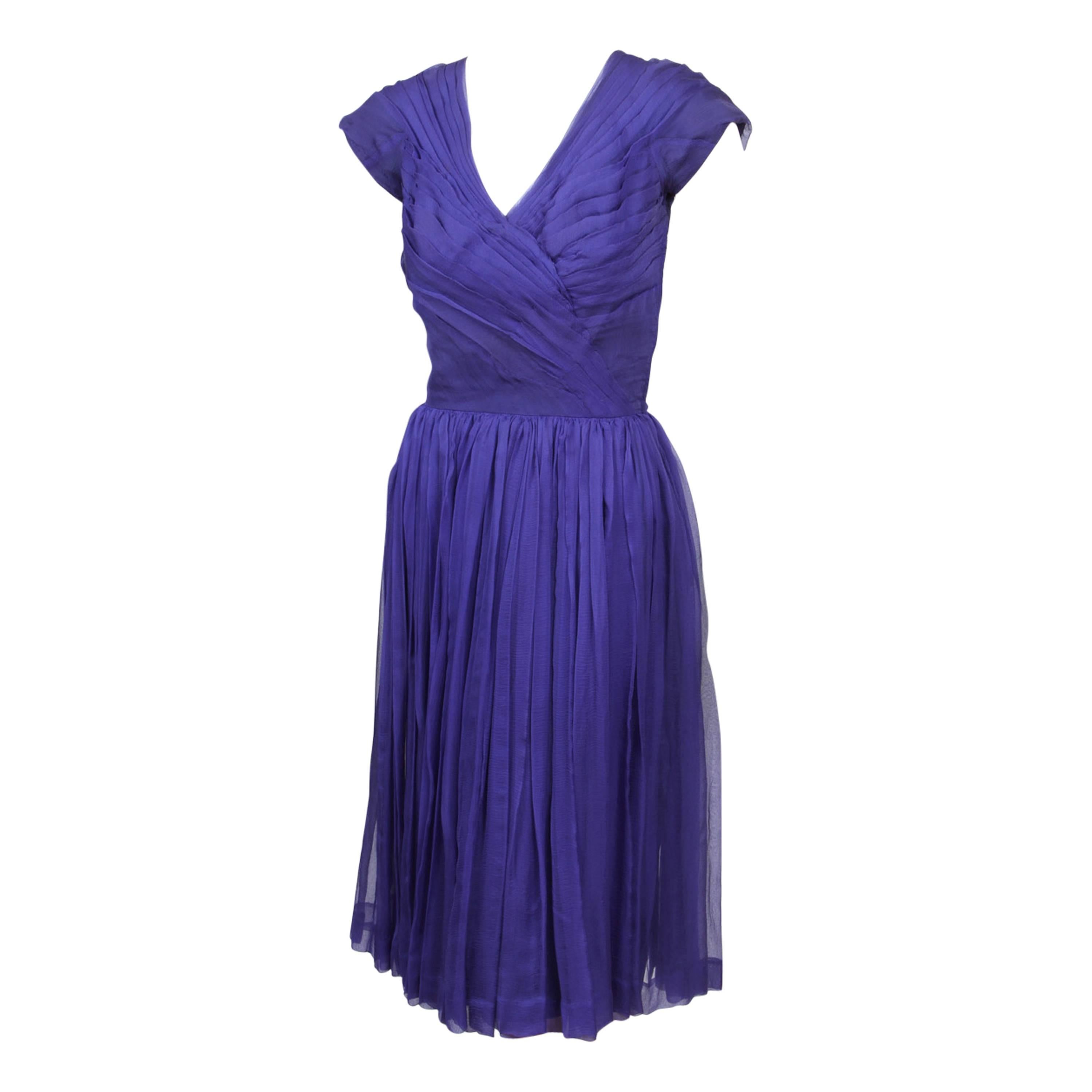 1960’s Lanvin Castillo Purple Silk Ruched Cocktail Dress