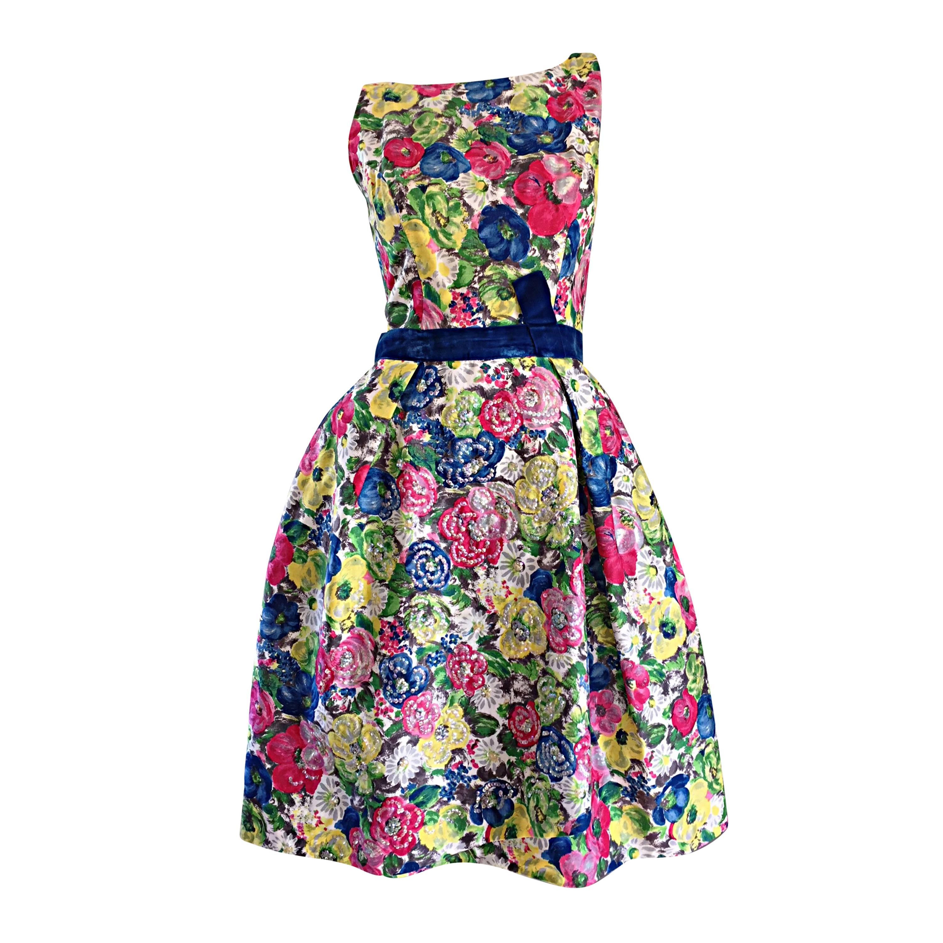 Exquisite 1950s 50s Demi Couture Floral Watercolor Vintage Silk Dress w/ Sequins