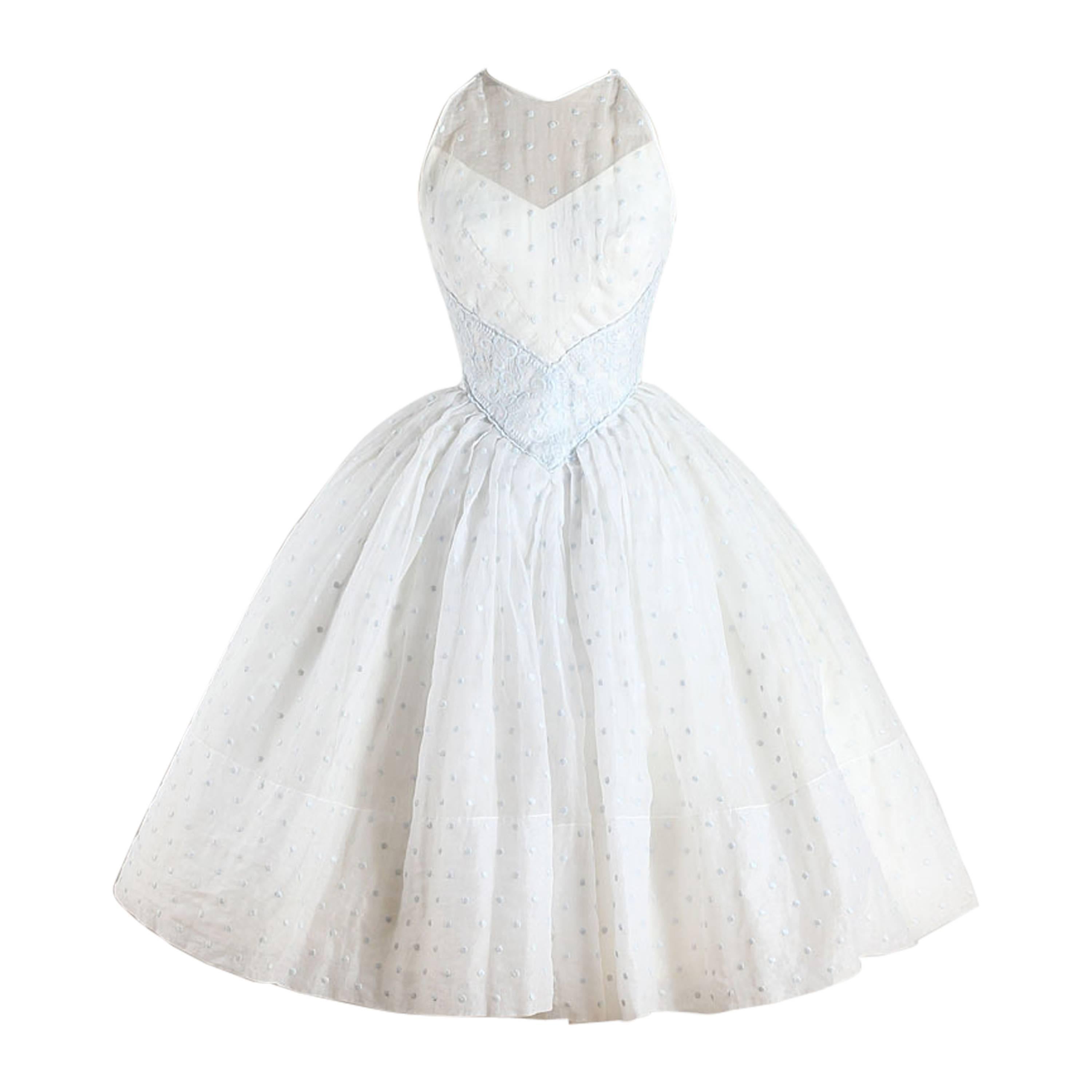 Vintage 1950s White Polka Dot Organza Dress For Sale