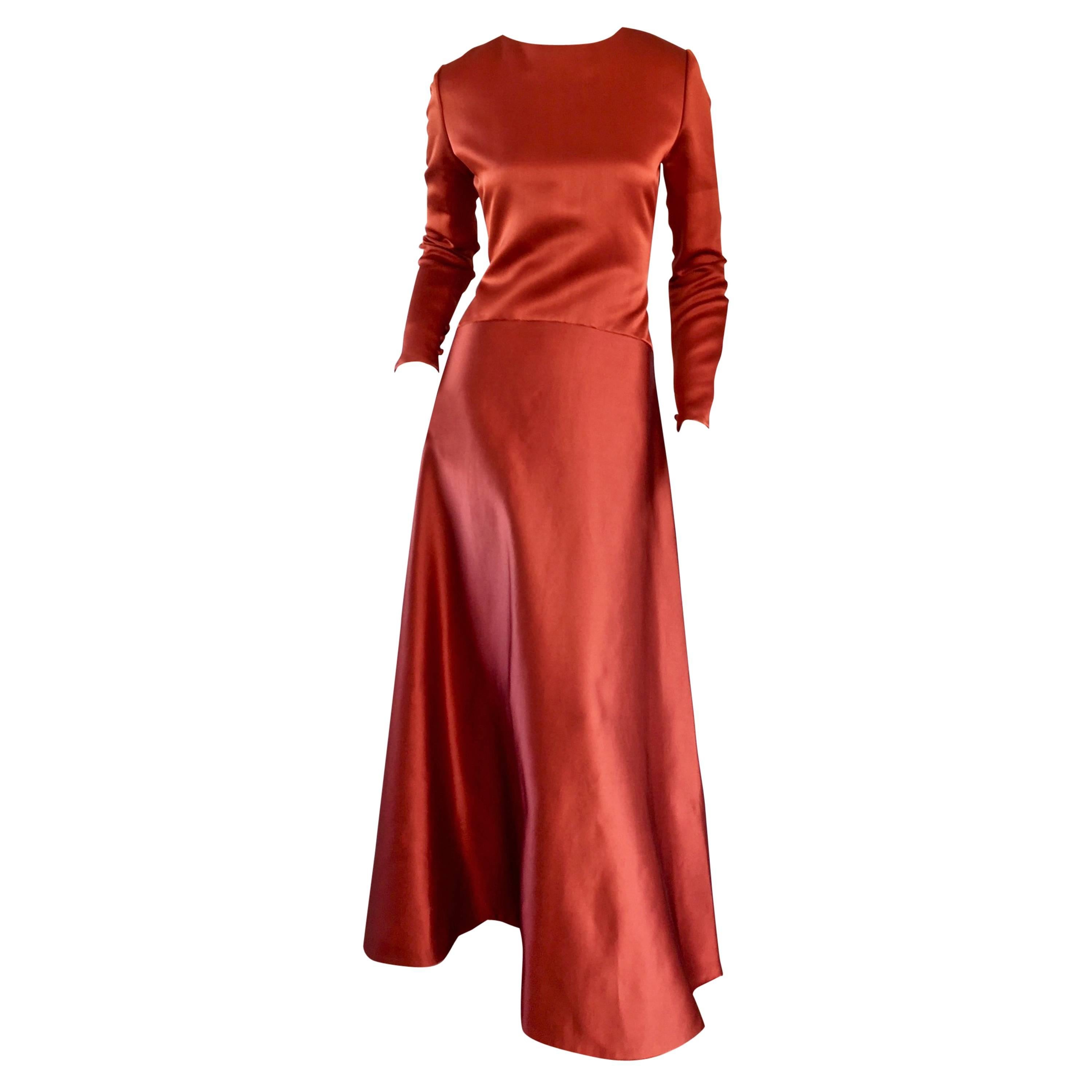 Exceptional Vintage Bill Blass Copper Long Sleeve Silk Satin Evening Gown 