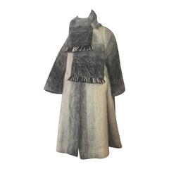 Retro 1950s Lilli Ann White and Gray Mohair Trapeze Coat w/ Scarf