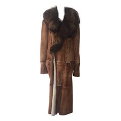 Roberto Cavalli Full-Length Tan "Buckskin" Shearling Coat w/ Dark Fox Collar