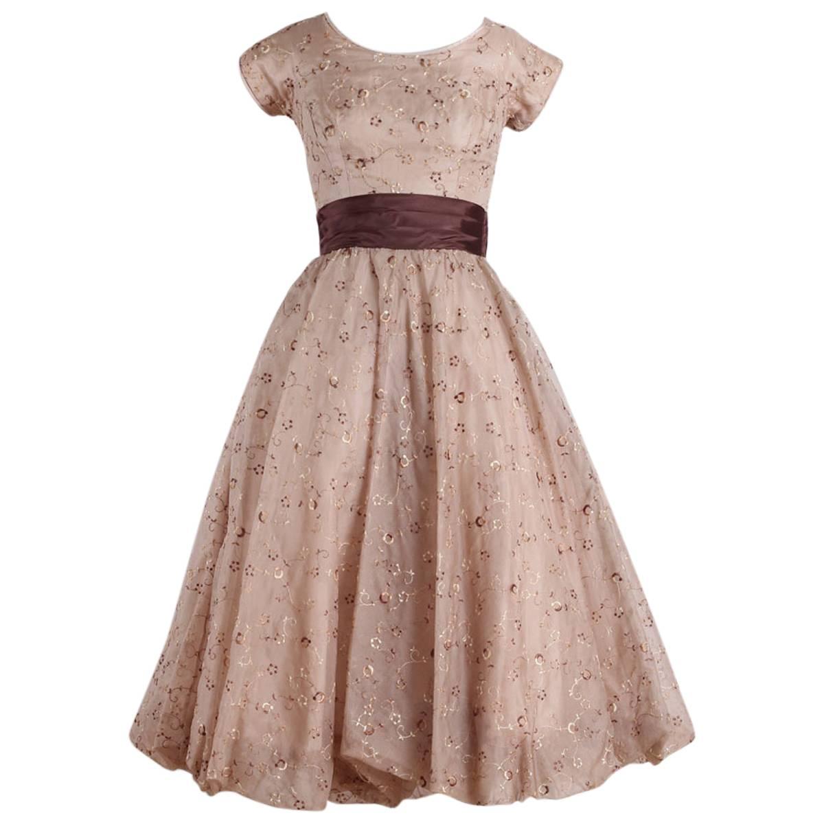 Vintage 1950s Mocha Embroidered Party Dress For Sale