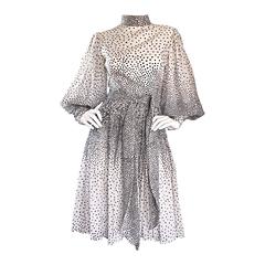 Mollie Parnis 1960s 60s Chic Black & White Polka Dot Silk Chiffon Vintage Dress 