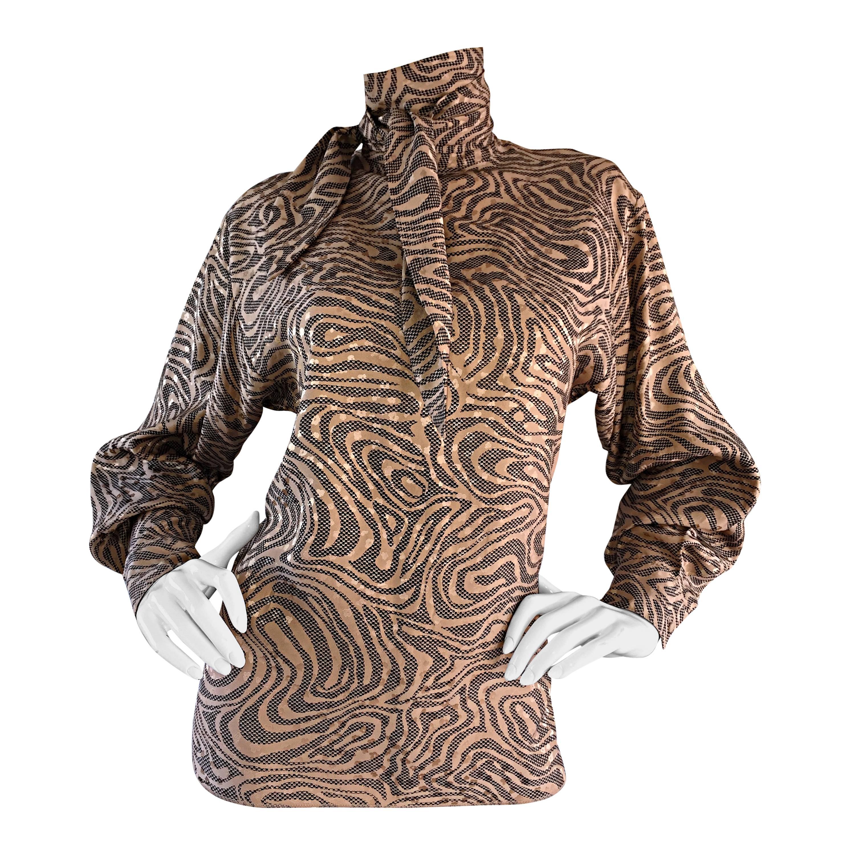 Chic Vintage St. John Zebra Animal Print Swirl Dolman Sleeve Silk Scarf Blouse