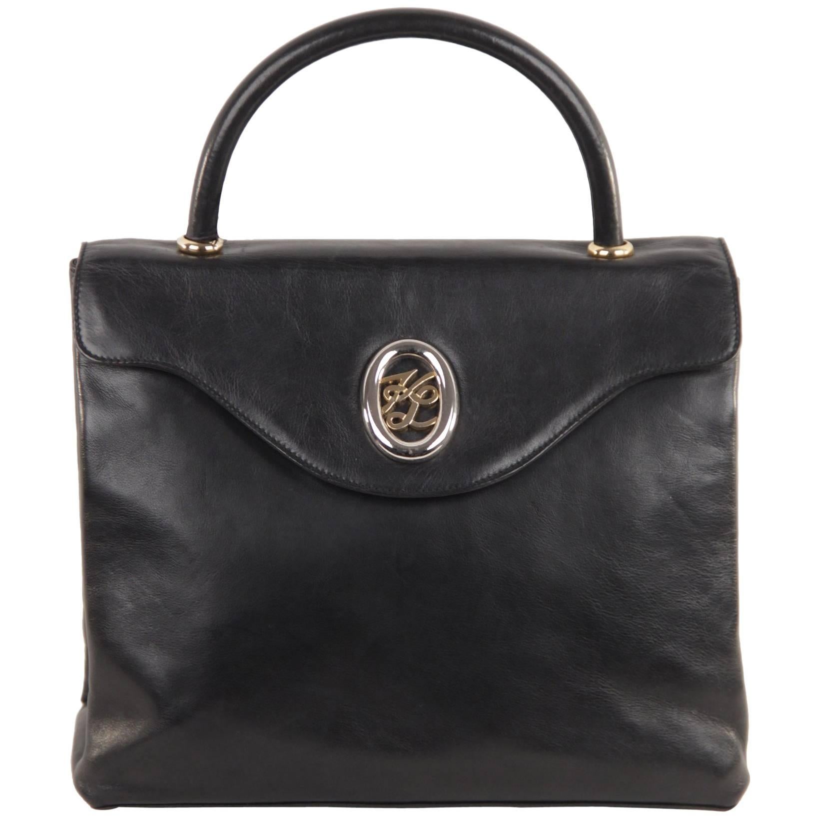 KARL LAGERFELD Black Leather HANDBAG Top Handle Bag FLAP PURSE Satchel