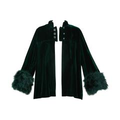 1960s Lilli Diamond Vintage Green Velvet Jacket with Marabou Feather Cuffs 11