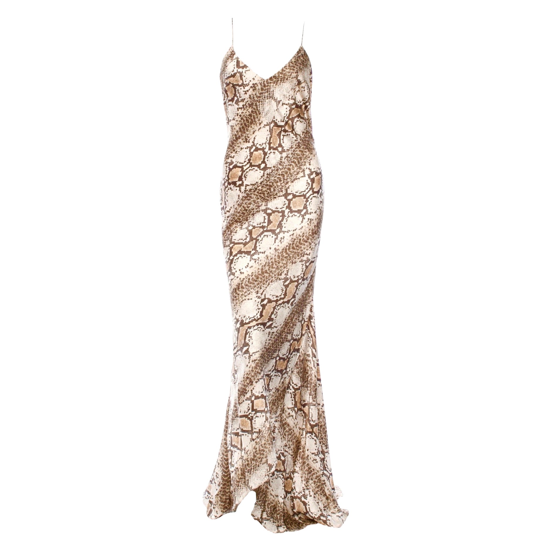 SIN VENDER Roberto Cavalli Vintage Vestido de noche de seda con estampado de serpiente exótica Maxi Vestido S en venta