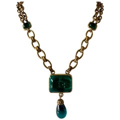 Vintage Chanel Logo CC Gilt Green Necklace 
