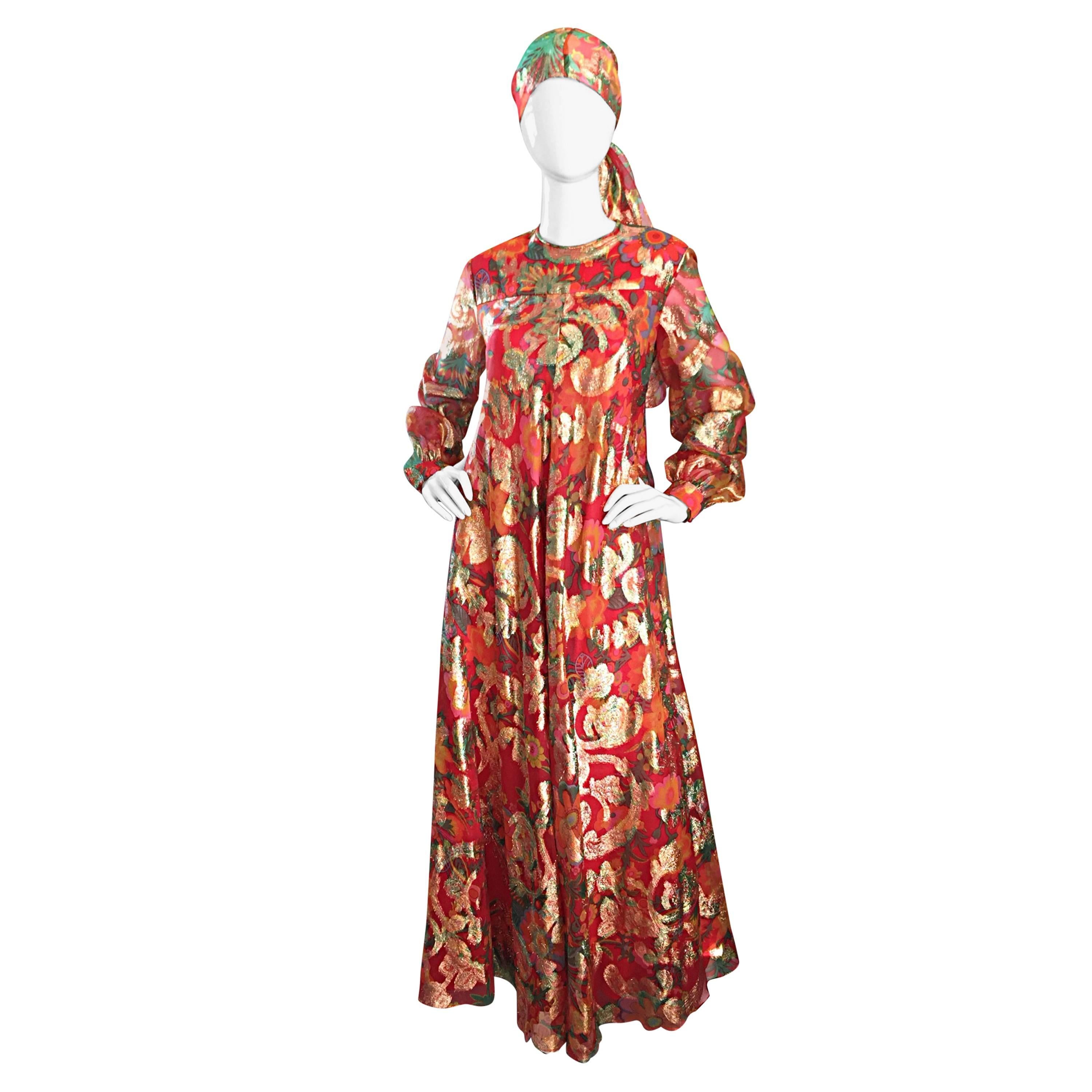 Important 1960s Vintage Oscar de la Renta Silk Gown w/ Head Scarf/ Belt