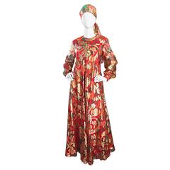 Important 1960s Vintage Oscar de la Renta Silk Gown w/ Head Scarf/ Belt 