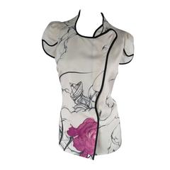 PRADA Size 6 Cream Fairy Graphic Silk Asymmetrical Snap Blouse Spring 2008