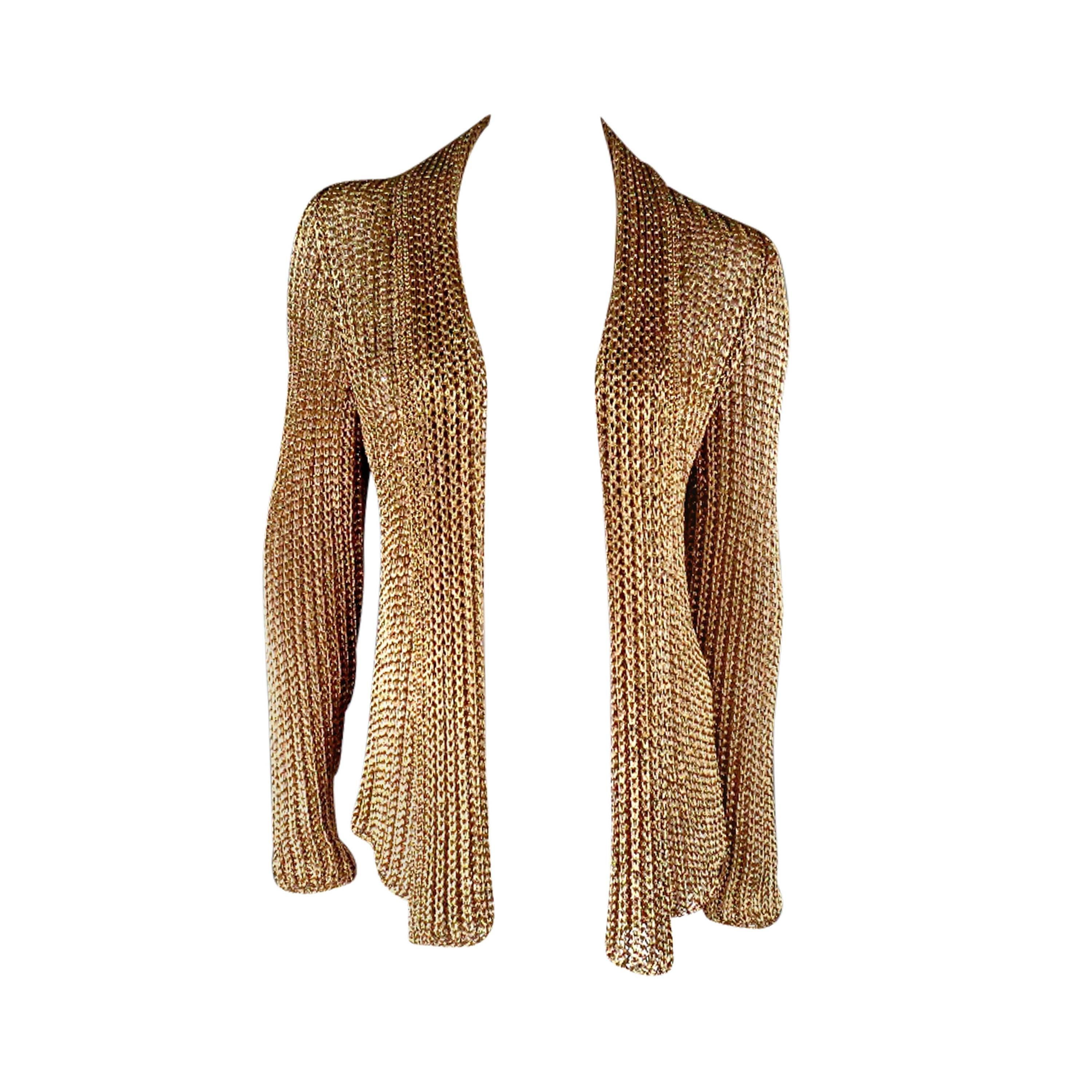 RALPH LAUREN COLLECTION Größe L Metallic Gold Mesh Knit Schal Kragen Cardigan