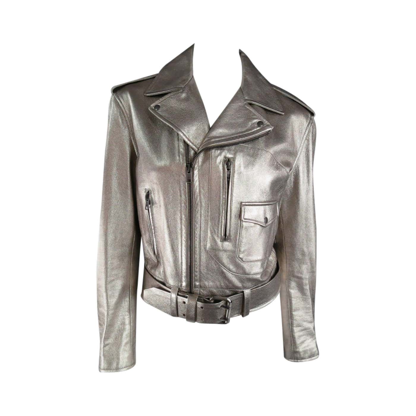 RALPH LAUREN COLLECTION 8 Champagne Silver Metallic Leather Motorcycle ...