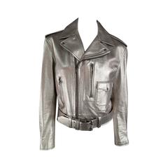 RALPH LAUREN COLLECTION 8 Champagne Silver Metallic Leather Motorcycle Jacket