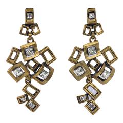 Vintage Oscar de la Renta singed massive gold & diamante cubist runway earrings