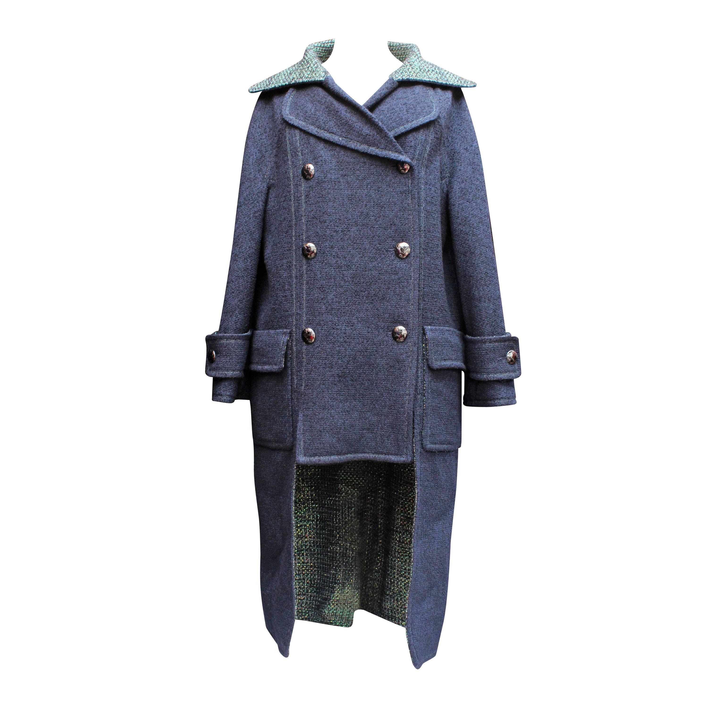 Fall 2013 Chanel Coat in Navy Blue and Iridescent Green Wool Tweed