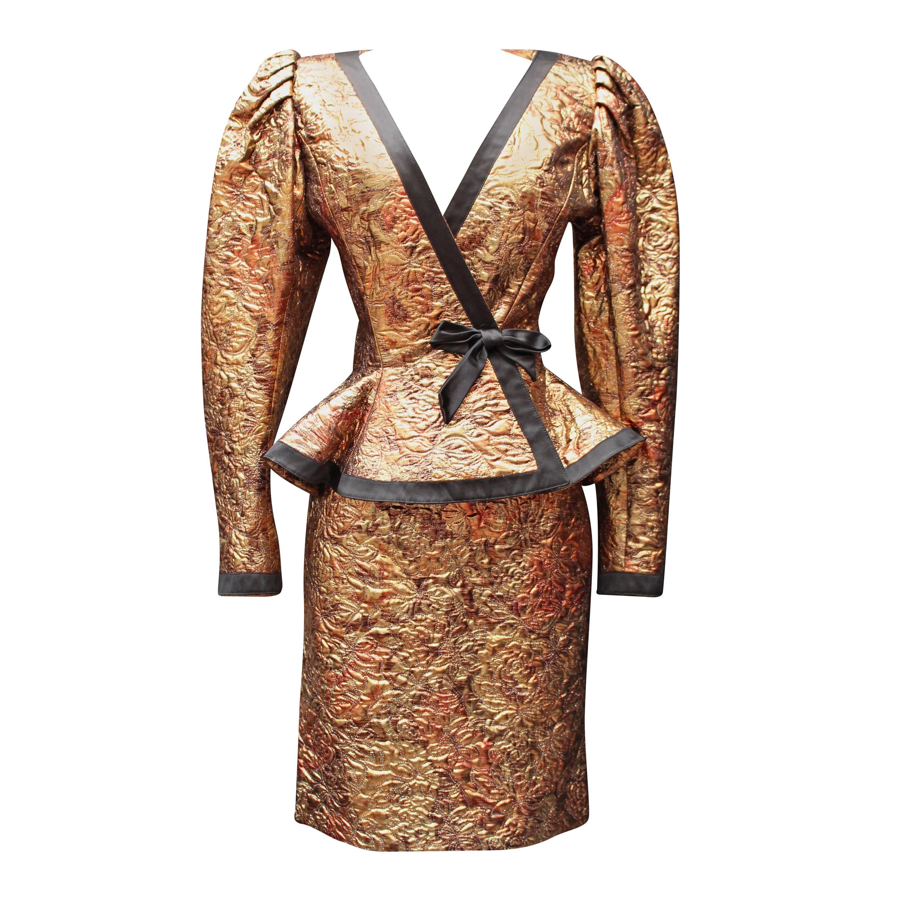 1980s Ungaro Copper and Gold Color Brocarde Jacket and Skirt Ensemble 