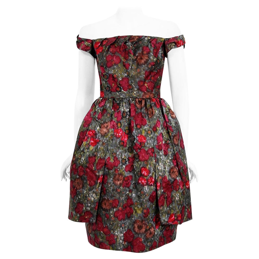 Vintage 1950s Claire Schaffel Couture Floral Print Silk Off-Shoulder Dress For Sale