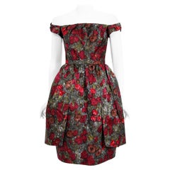 Vintage 1950s Claire Schaffel Couture Floral Print Silk Off-Shoulder Dress