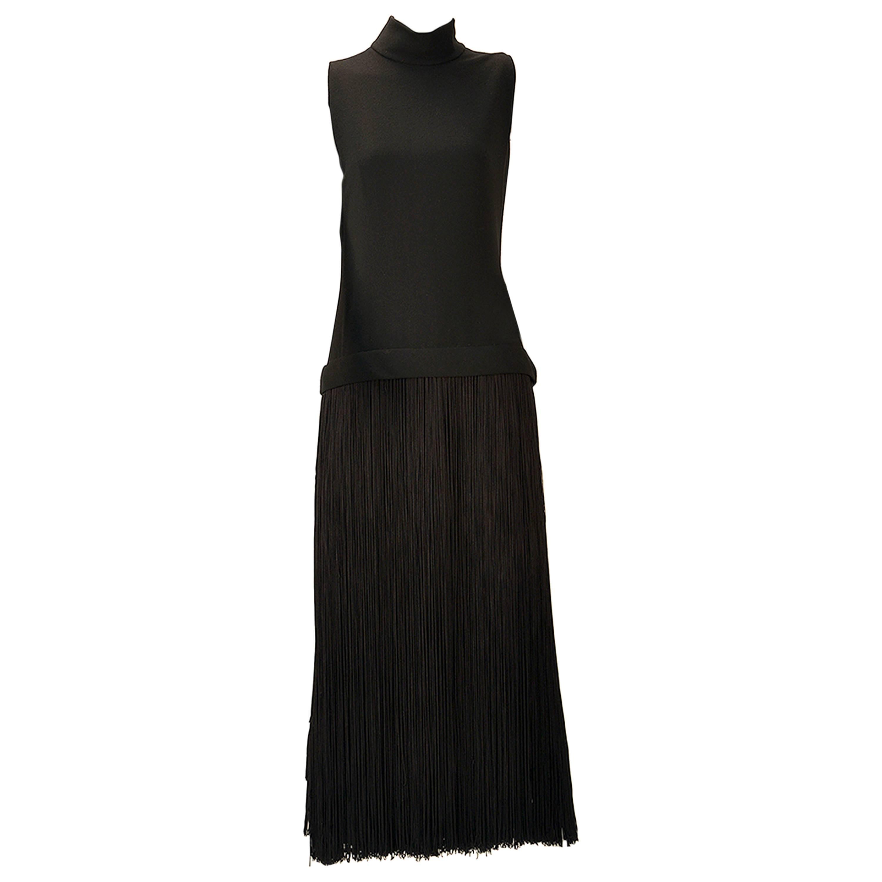 1960s Adele Simpson Black Crepe Fringe Dress For Sale