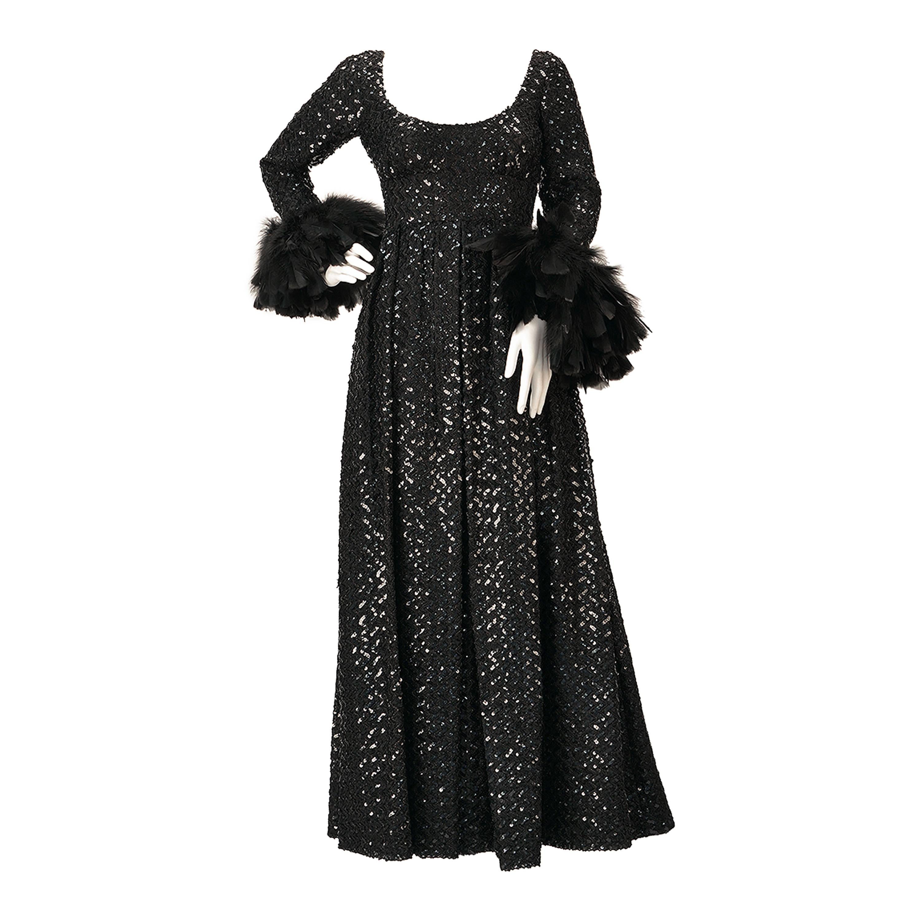 1960s Lillie Rubin Black Sequin Evening Gown with Feather Cuffs For Sale