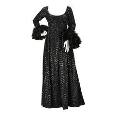 1960s Lillie Rubin Black Sequin Evening Gown with Feather Cuffs