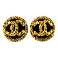 Chanel Vintage Opulent Black Lucite and Gold CC Logo Clip-On Earrings