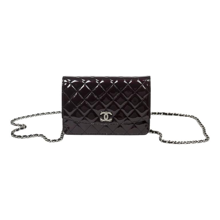 Chanel Wallet On Chain 19cm WOC Black Quilted Patent Leather at 1stDibs