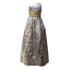 80s LEONARD metallic strapless brocade gown