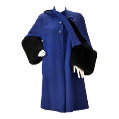 Vintage 1940s Blue Boucle Wool Coat with Black Lamb Skin Cuffs