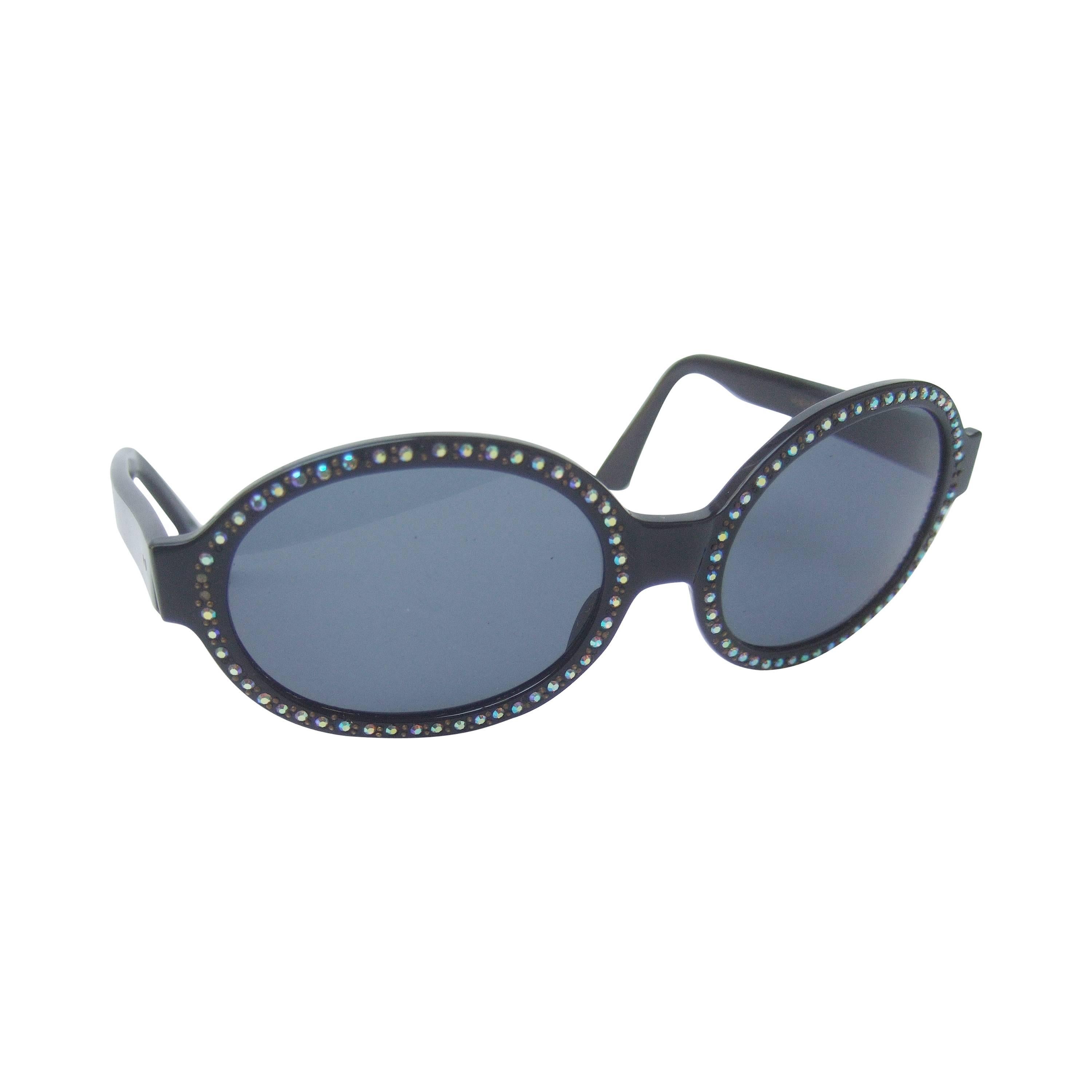 Chic Black Crystal Trim Tinted Sunglasses Made in France c 1970