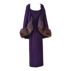 1980s Pauline Trigere Purple Dress and Fur Trimmed Cape