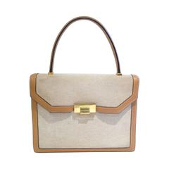 1960s Hermes Tan Canvas Box Leather Top Handle Handbag 2