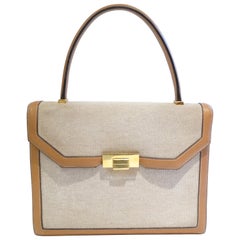 Hermes Tan Canvas Box Leather Top Handle Handbag, 1960s