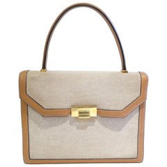 Vintage Hermes Tan Canvas Box Leather Top Handle Handbag, 1960s 