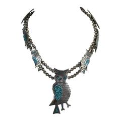 Sterling Silver Zuni Owl Squash Turquoise Matrix & Coral Necklace 7