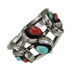 Old Pawn Navajo Sterling Silver Turquoise Coral cuff Bracelet 8