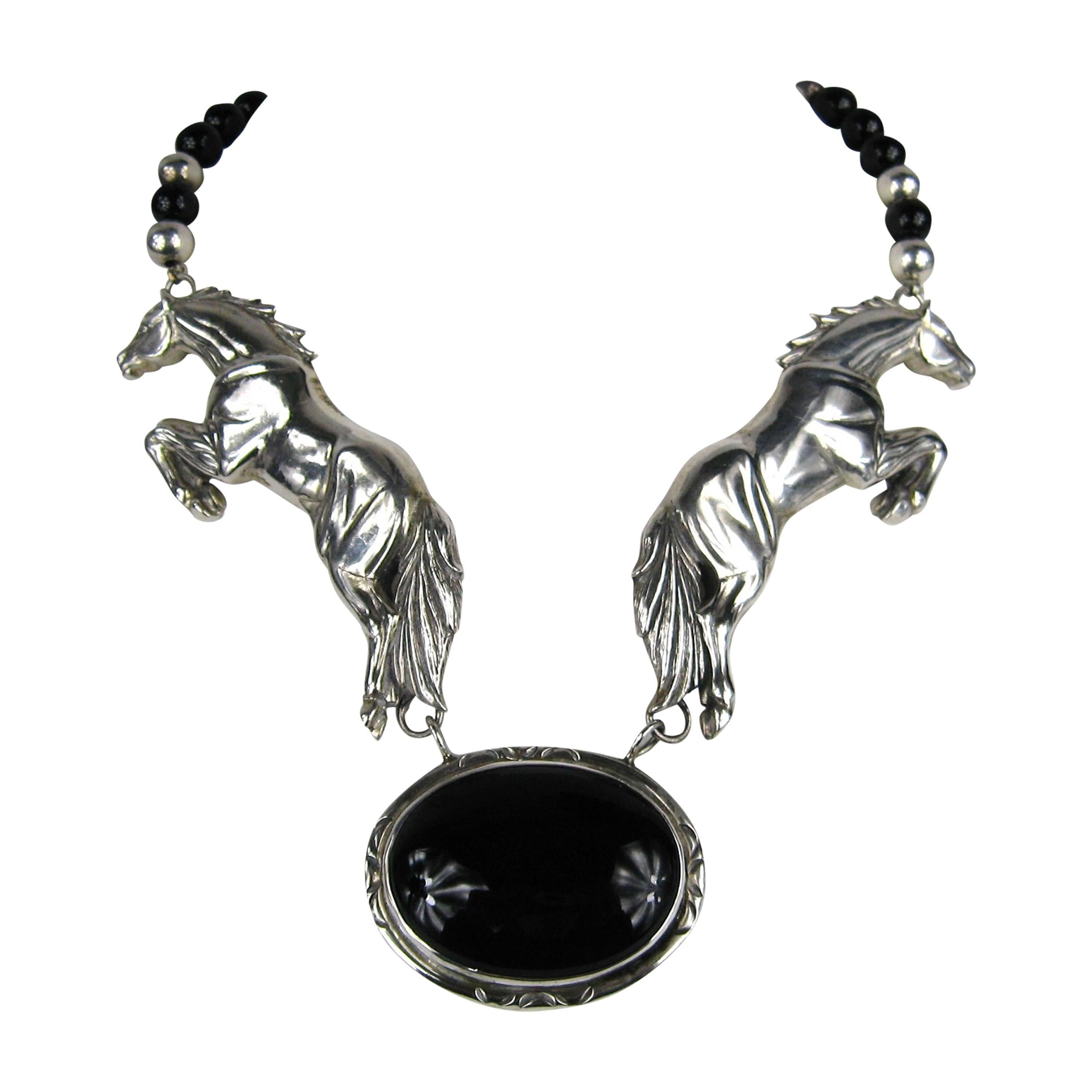 1990s Sterling Silver CAROL FELLEY Onyx Horse Duo Necklace