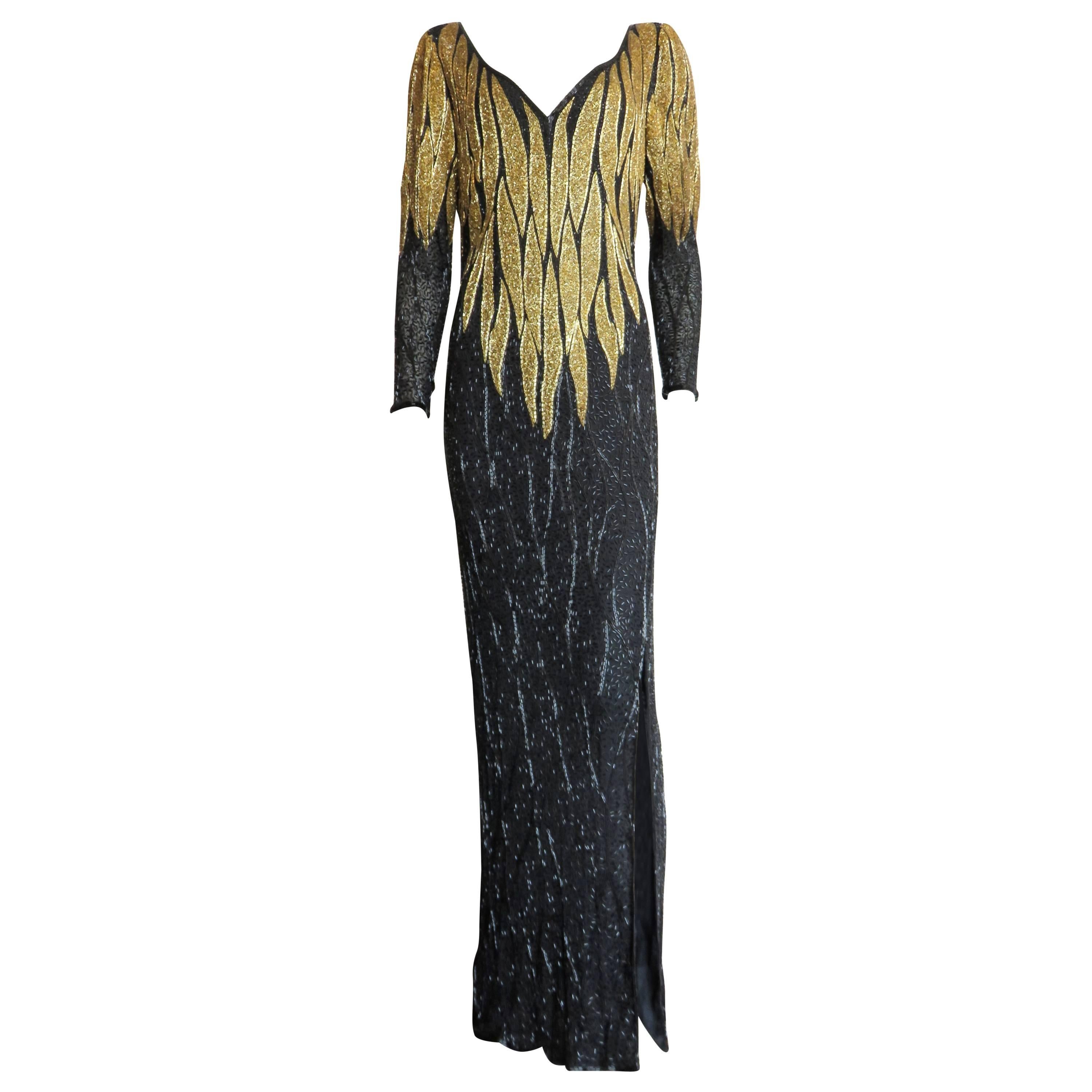 1980's BOB MACKIE Hand-beaded Gold-flame evening dress