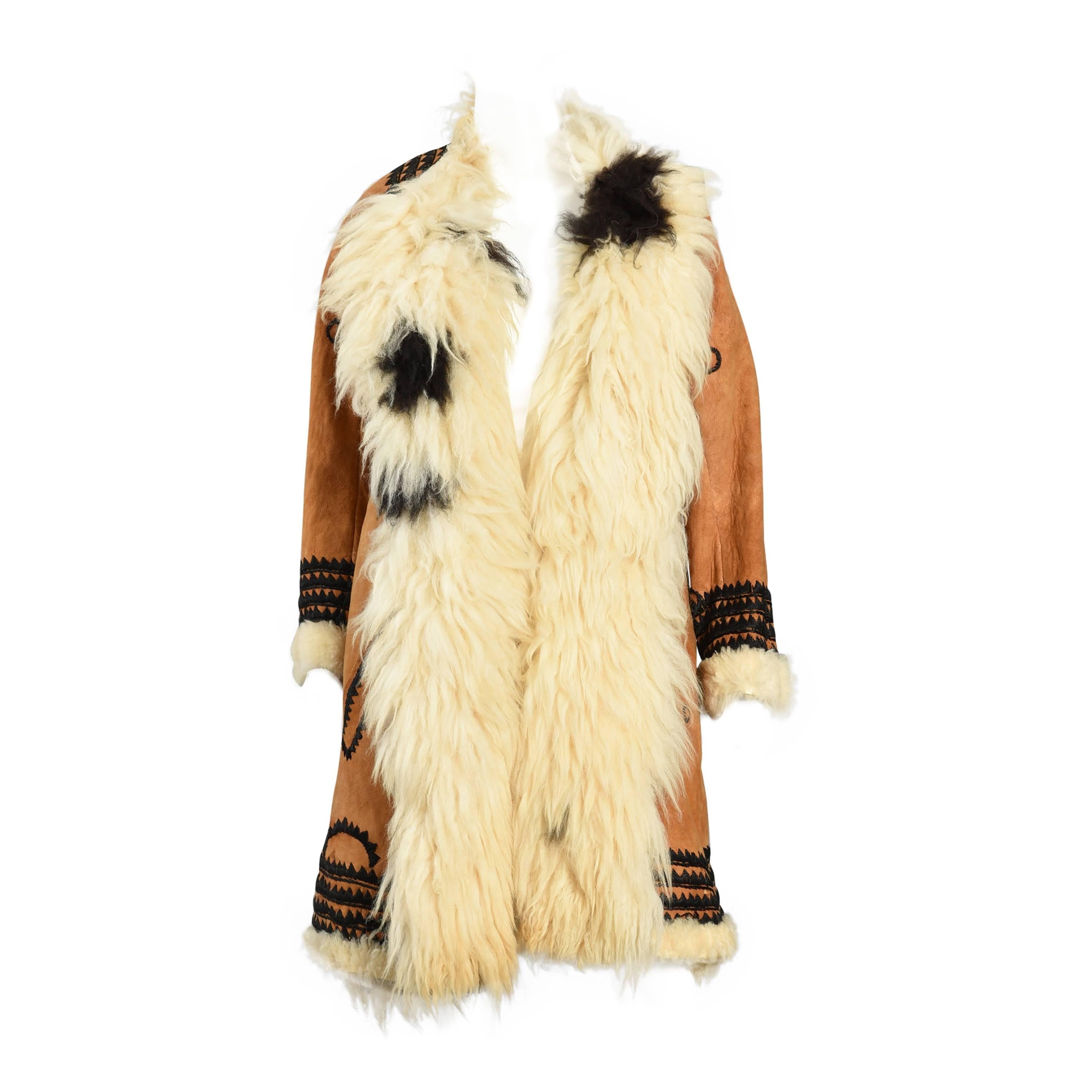 Incredible 1970s Embroidered Shearling + Suede Coat